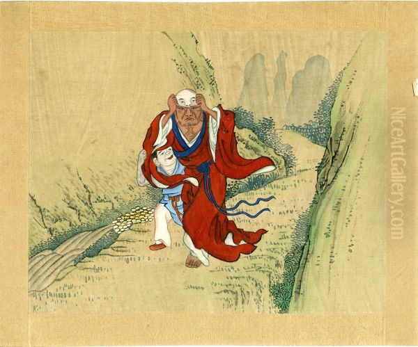 Unsigned album paintings depicting Taoist immortals. Oil Painting by unknown