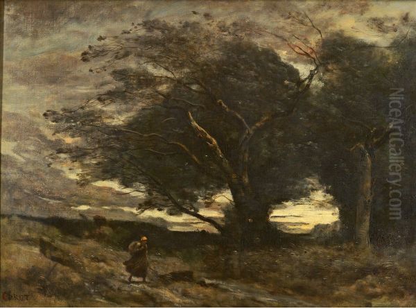 Un coup de vent Oil Painting by Jean-Baptiste Camille Corot