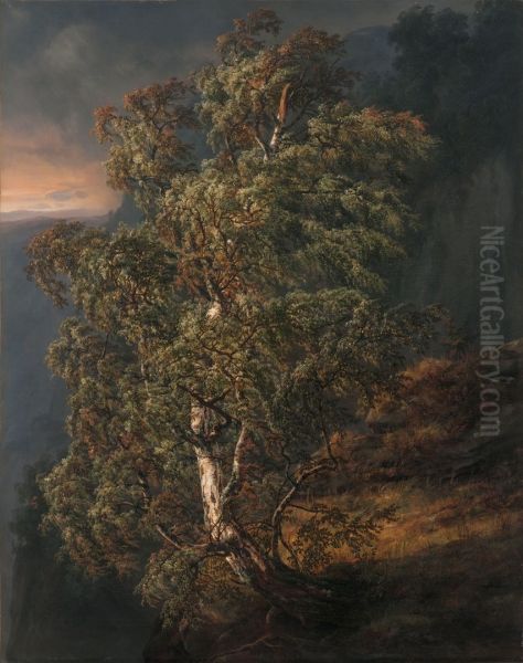 Birch Tree in a Storm Oil Painting by Johan Christian Dahl