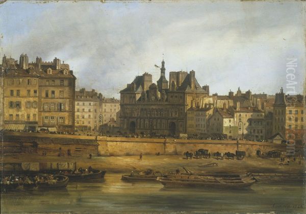 L'Hotel de Ville et la place de Greve, vus de l'Ile de la Cite Oil Painting by Giuseppe Canella