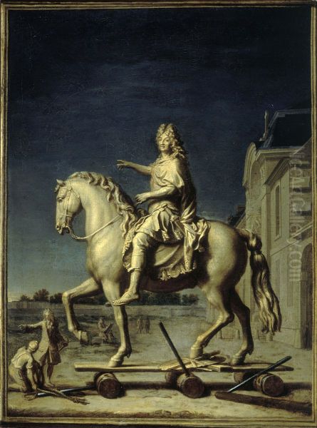 Transport sur la place Louis-le-Grand de la statue de Louis XIV de Girardon, le 16 juillet 1699 Oil Painting by Rene-Antoine Houasse