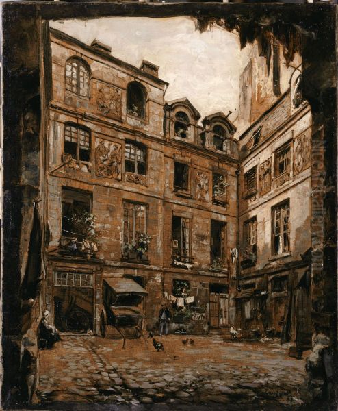 La Cour de l'hotel dit Colbert, rue de l'Hotel Colbert Oil Painting by Emmanuel Lansyer