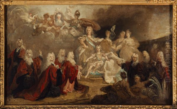 Allegory of the engagement of Louis XV and the Infanta Mariana Victoria of Spain in 1722. Oil Painting by Nicolas de Largilliere