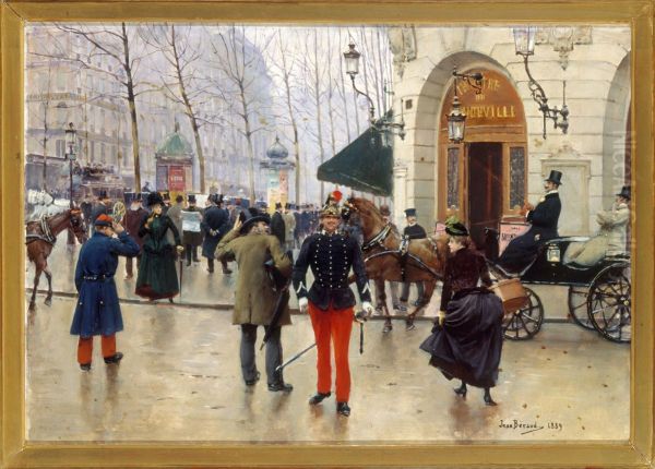 Boulevard des Capucines and theatre du Vaudeville Oil Painting by Jean Beraud