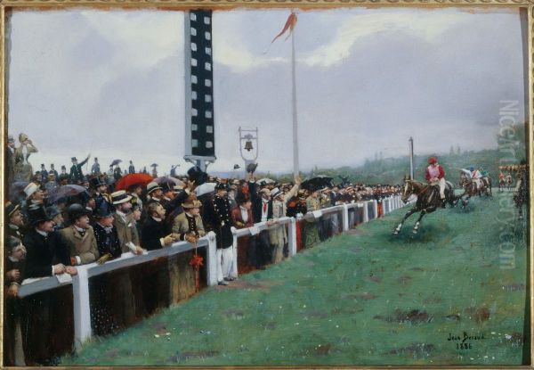 Courses a Longchamp ; l'arrivee au poteau Oil Painting by Jean Beraud