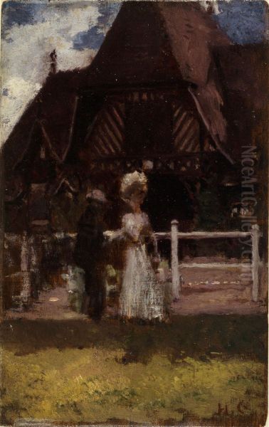 Etude pour un tableau non identifie, montrant l'hippodrome de Deauville Oil Painting by Henri Gervex