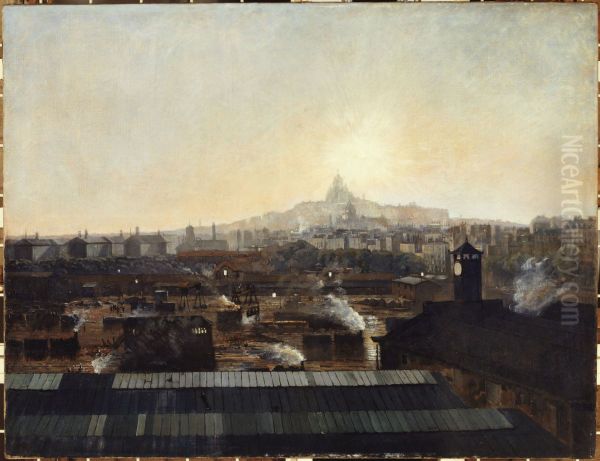 Les Voies de la gare du Nord, les toits de l'hopital Lariboisiere et la colline de Montmartre, vers 1895 Oil Painting by Louis-Robert Carrier-Belleuse