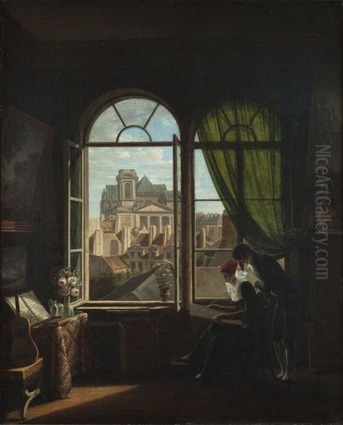 Interieur d'artiste, avec vue sur la facade de l'eglise de Saint-Eustache Oil Painting by Louise-Adeone Drolling