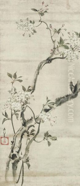 Flowering Cherry Branch Oil Painting by Kita Busei