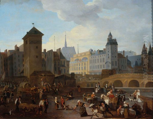 Le Palais et la Pompe Notre-Dame vus du quai Pelletier, vers 1790 Oil Painting by Jacques-Albert Senave