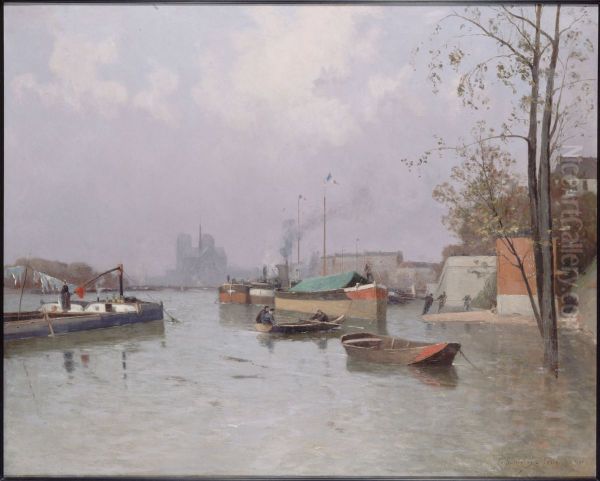 Crue de la Seine, aux abords du canal Saint-Martin, en novembre 1896 Oil Painting by Gustan Le Senechal de Kerdreoret