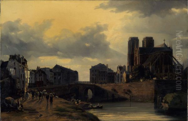 Le chevet de Notre-Dame et le pont de l'Hotel-Dieu Oil Painting by Louis Matout