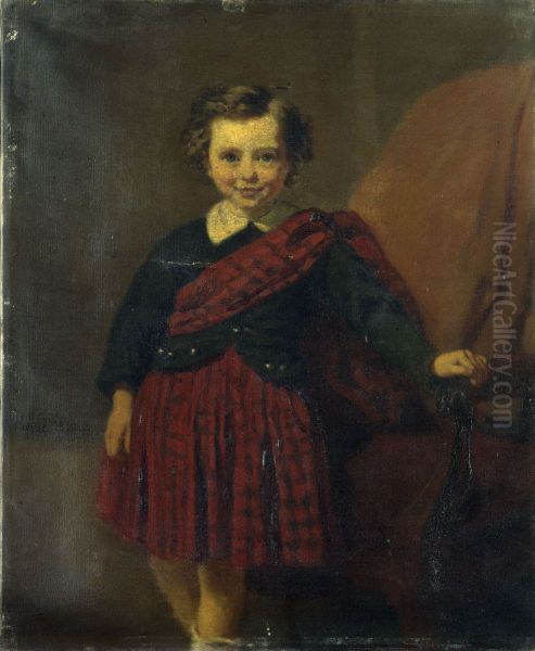 Portrait de petit garcon (Maurice Coblence), en costume ecossais Oil Painting by Edouard Moyse