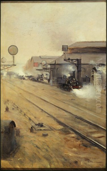 La remise des locomotives aux Batignolles Oil Painting by Ernest Jean Delahaye