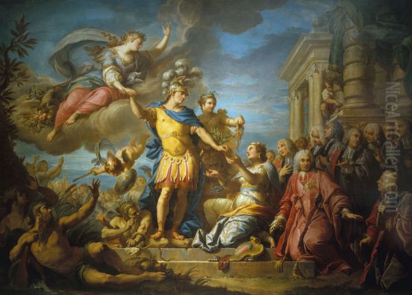 Allegorie en l'honneur de la publication de la paix d'Aix-la-Chapelle, le 13 fevrier 1749 Oil Painting by Jacques Dumont le Romain