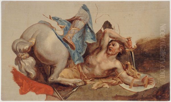 Etude de cheval et de cavalier tombe, d'apres Le Brun Oil Painting by Paul-Jacques-Aime Baudry