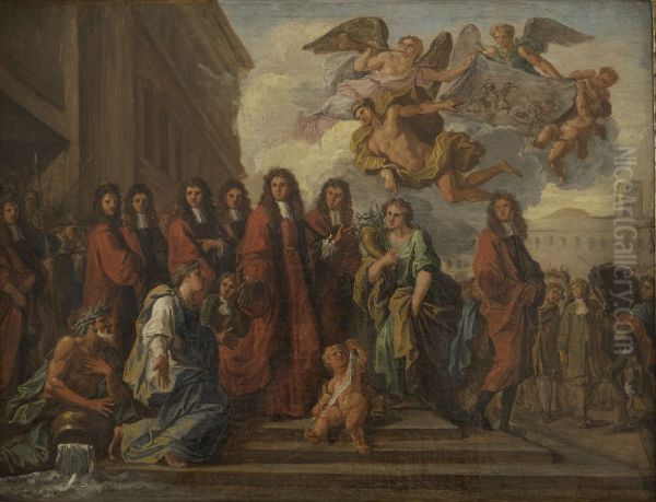 Les echevins parisiens quittent l'Hotel de Ville pour se rendre a Notre-Dame assister au Te Deum, a l'occasion de la victoire de Seneffe (1674) Oil Painting by Noel Coypel