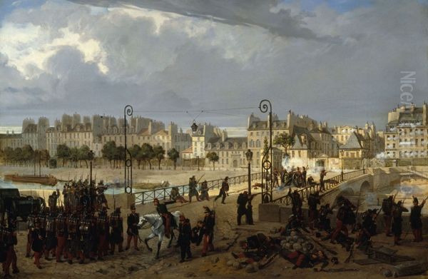 Scene d'emeute au pont de l'Archeveche. Oil Painting by Philippe Chaperon