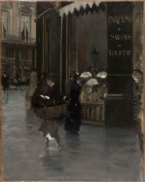 La parfumerie Violet, a l'angle du boulevard des Capucines et de la rue Scribe Oil Painting by Giuseppe de Nittis