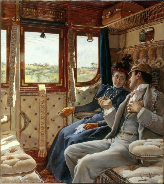 Couple dans un compartiment de train Oil Painting by Ricardo Lopez Cabrera