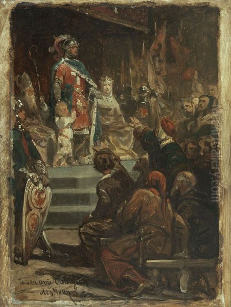 Esquisse pour l'Hotel de Ville de Paris : Philippe Auguste avant de partir pour la Terre Sainte, confiant la tutelle de son fils et son tresor aux bourgeois de Paris Oil Painting by Adolphe Yvon