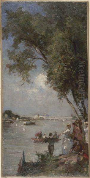 Esquisse pour le salon des Arts de l'Hotel de Ville de Paris : La Seine au Bas-Meudon Oil Painting by Gustave Colin