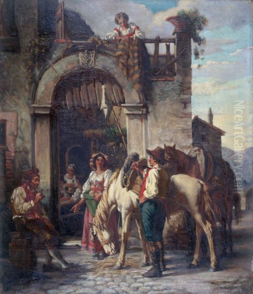 La halte des chevaux a l'auberge Oil Painting by Auguste Dutuit