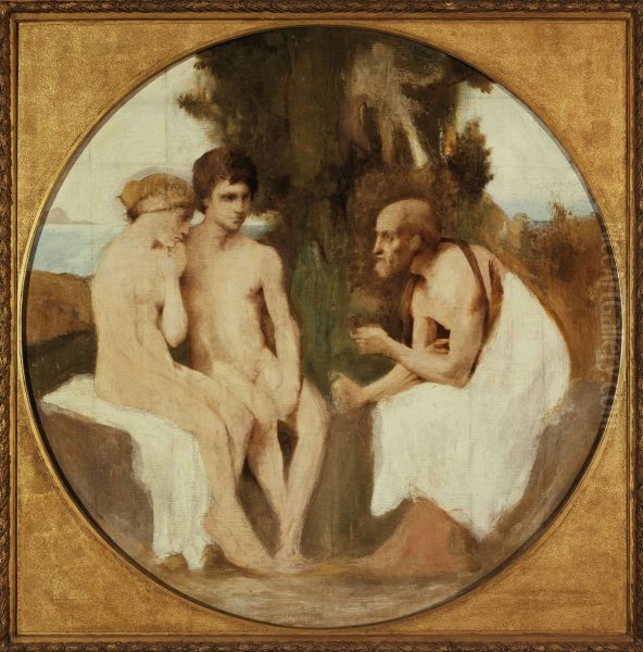 Philetas instruisant Daphnis et Chloe Oil Painting by Jules-Elie Delaunay