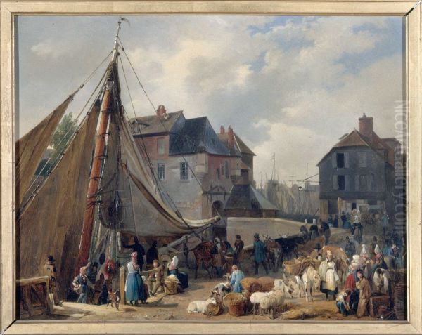 Le port d'Honfleur, l'embarquement des bestiaux Oil Painting by Auguste-Xavier Leprince