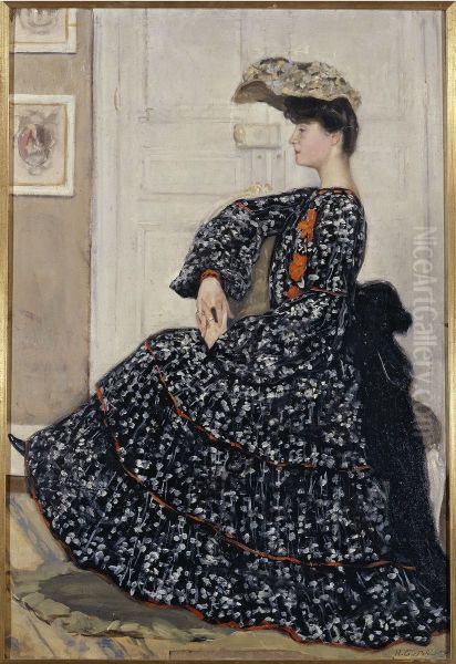 Portrait de femme en robe mouchetee Oil Painting by Henry Caro-Delvaille