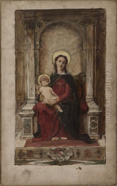 Vierge a l'Enfant, esquisse pour un tableau d'autel destine a la chapelle des ducs de Beaufort-Spontin au chateau de Petchau (Boheme) Oil Painting by Francois-Alfred Delobbe