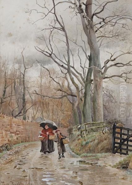 Mother And Child On A Wooded Country Lane Oil Painting by Thomas Bushby