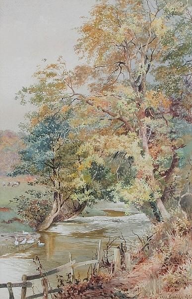 A Wooded Stream With Ducks Oil Painting by Thomas Bushby