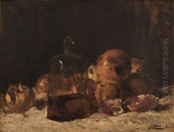 Nature morte au flacon et aux grenades Oil Painting by Felix Ziem