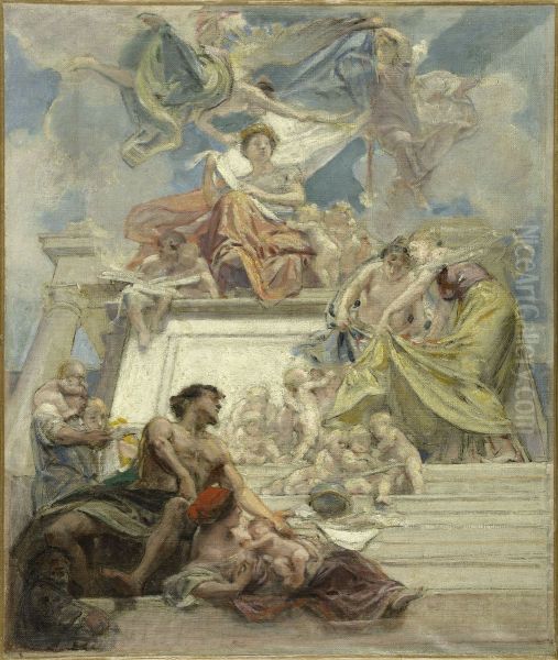 Esquisse pour l'escalier d'honneur de la la mairie du 3eme : La Ville de Paris instruisant ses enfants (plafond) Oil Painting by Diogene Ulyssee Napoleon Maillart