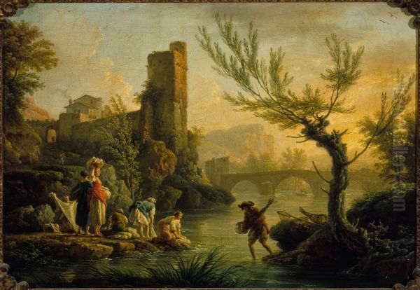 Paysage avec des lavandieres Oil Painting by Joseph Vernet