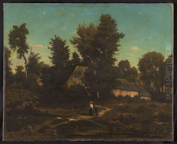 Paysage aux chaumieres Oil Painting by Henri Harpignies