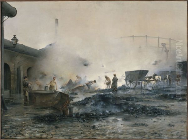 L'usine a gaz de Courcelles Oil Painting by Ernest Jean Delahaye