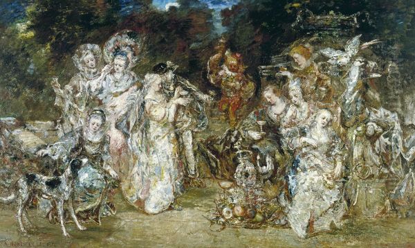 Reunion dans un parc au temps des Valois Oil Painting by Adolphe Joseph Thomas Monticelli