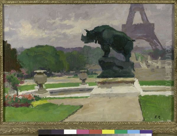 Jardin du Trocadero avec le Rhinoceros de Jacquemart Oil Painting by Jules Ernest Renoux