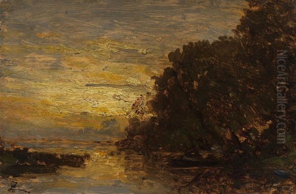 La Seine a Billancourt, coucher de soleil Oil Painting by Felix Ziem