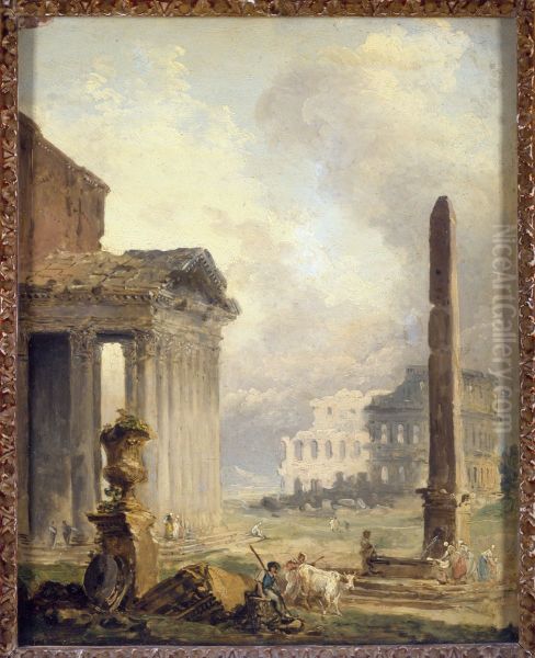 Ruines romaines, le Forum avec le Colisee et l'Obelisque Oil Painting by Hubert Robert