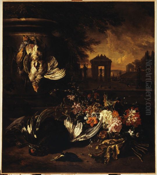 Fleurs et gibier mort devant un paysage Oil Painting by Jan Weenix