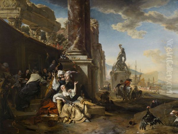 The Prodigal Son feasting with the courtesans in the midst of classical ruins, in the distance a Mediterranean harbor Oil Painting by Jan Weenix