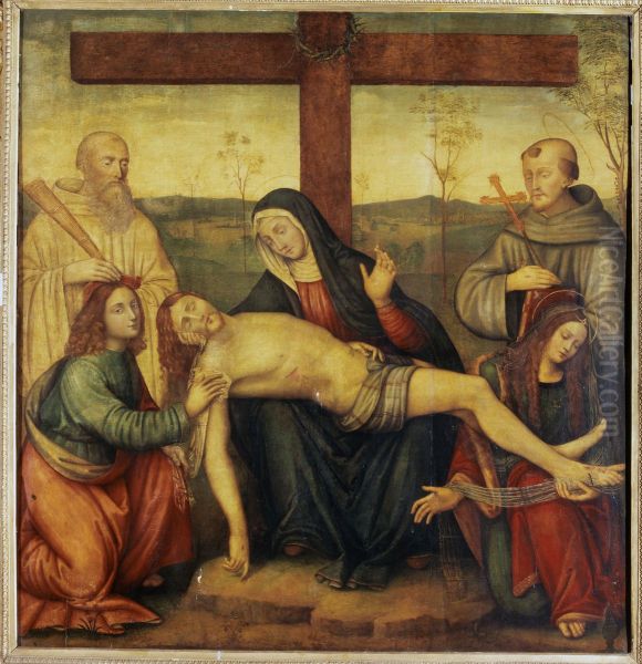 Pieta with Saints Benedict, Francis, John and Mary Magdalene Oil Painting by Raffaellino del Garbo