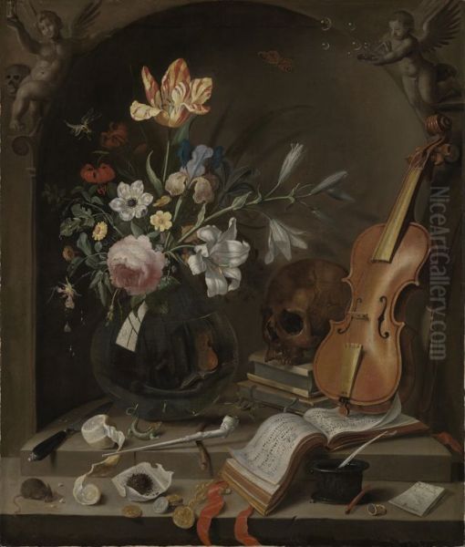 Vanitas still life with a vase of flowers, a violin and a skull, in a niche Oil Painting by Jacob Marrel