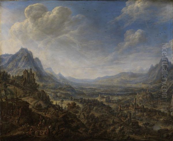 Gebirgslandschaft mit Blick in ein weites Flusstal Oil Painting by Herman Saftleven