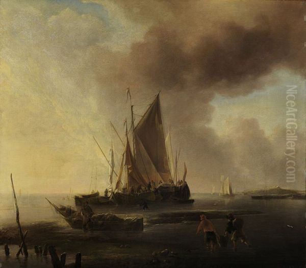 Fishing boat at the coast Oil Painting by Jan Van De Cappelle