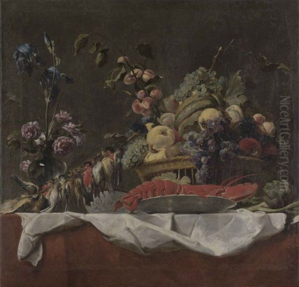 Stilleben mit Fruchten, Blumen, Hummer und Krammetsvogeln Oil Painting by Frans Snyders