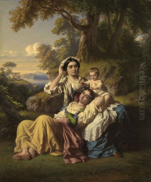 Italienische Familie in den Albanerbergen Oil Painting by Louis Coblitz